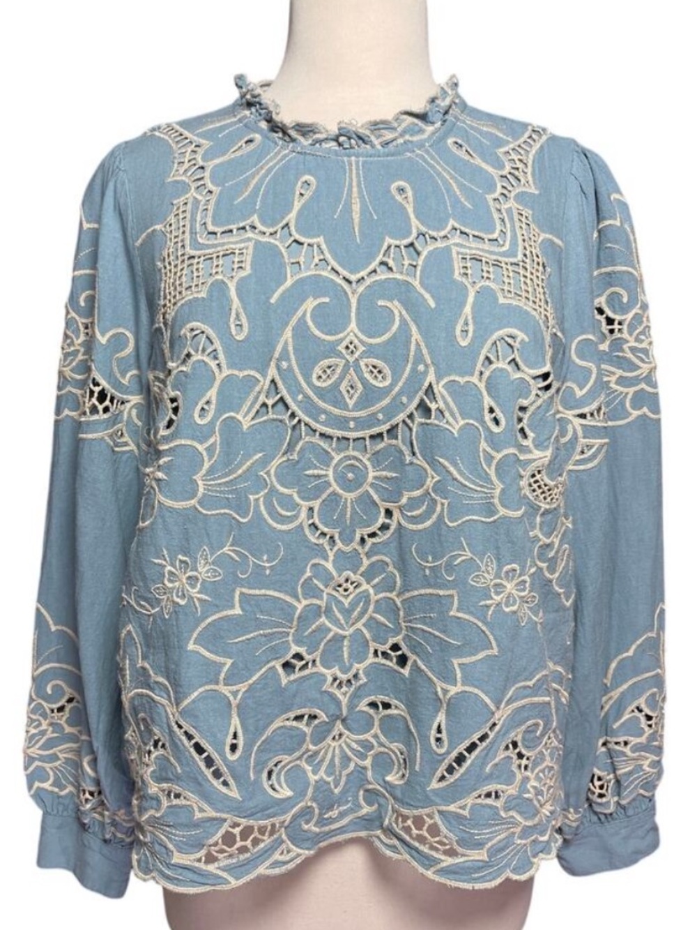 ANTHROPOLOGIE Women's Boho Lainie Linen Blend Blue Eyelet Cutout Top Large - Picture 3 of 9